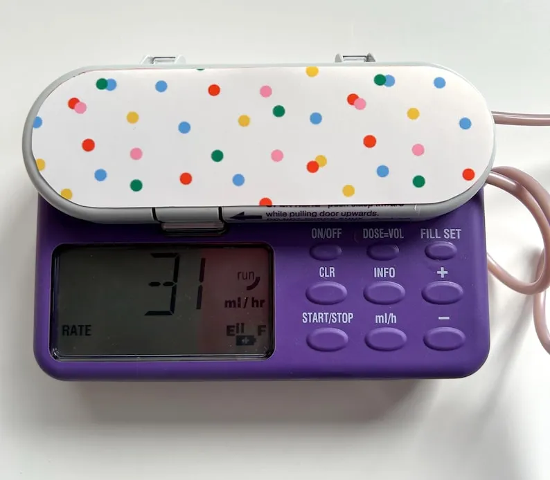 Confetti Dots sticker on a feeding tube pump