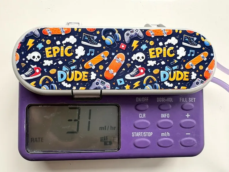 Epic Dude sticker on a feeding tube pump